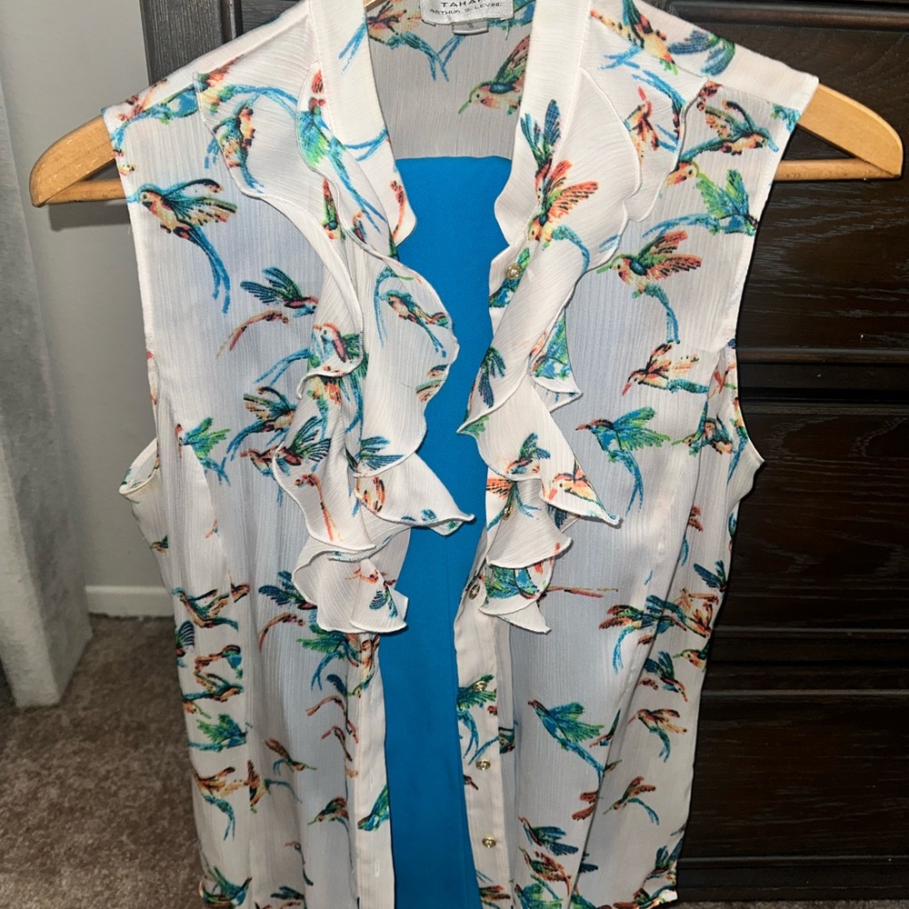 Tahari White and Blue Ruffled Sleeveless Blouse
